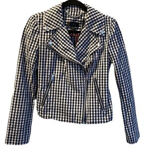 J. Crew | Navy Blue and White Checkered Moto Jacket